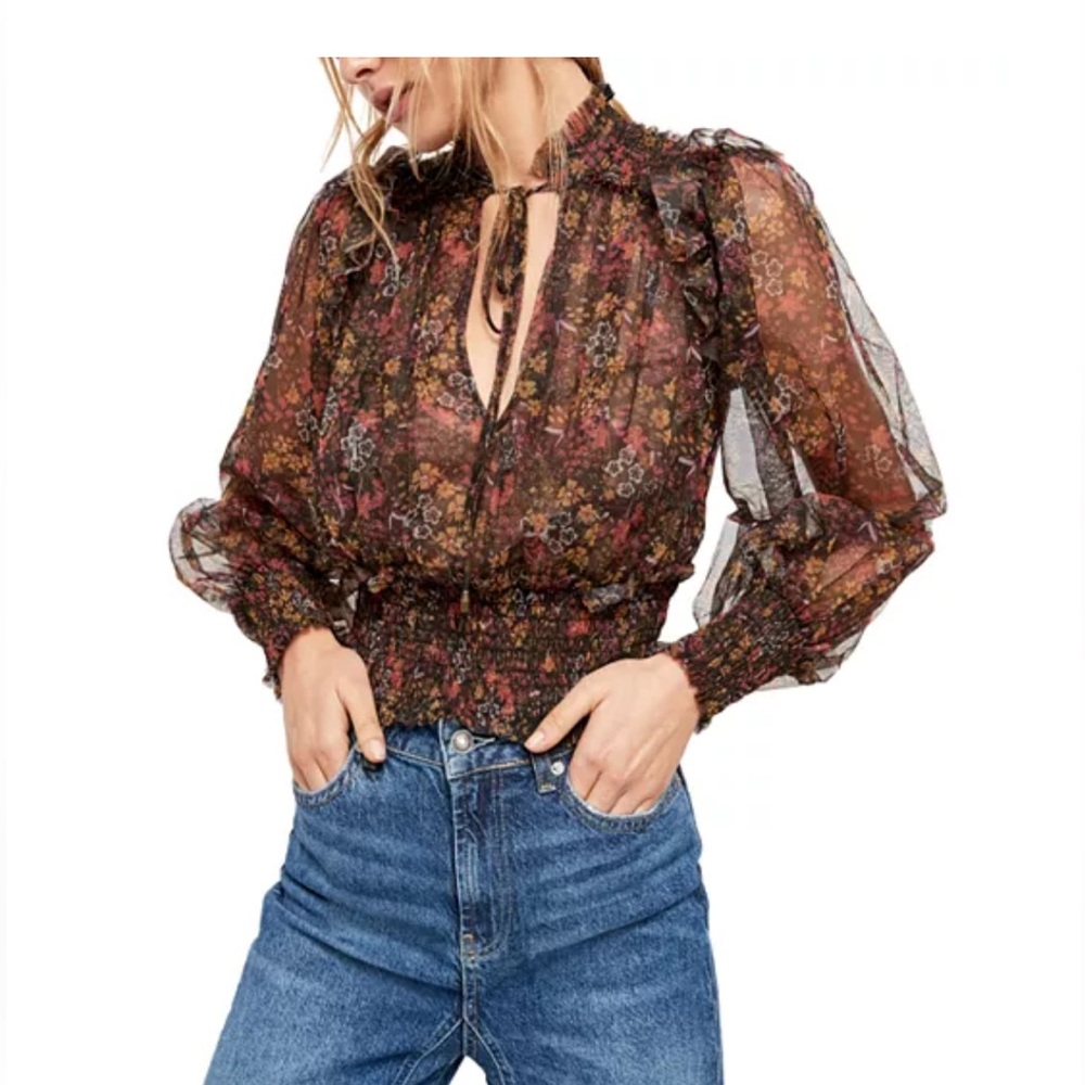 FREE PEOPLE 
Twyla Smocked Floral Mesh Top - Picture 7 of 14